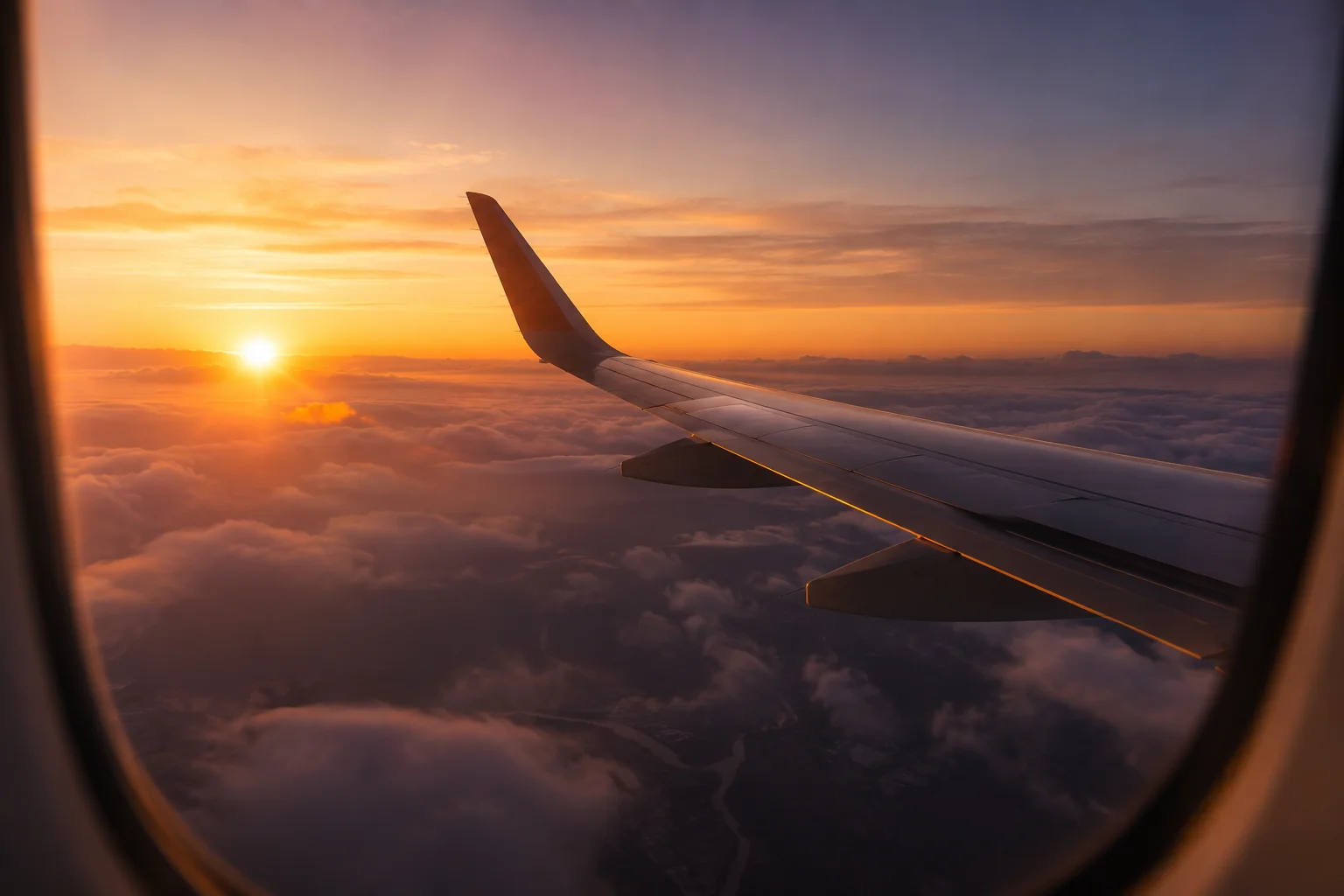A sunset seen through an airplane window over the wing