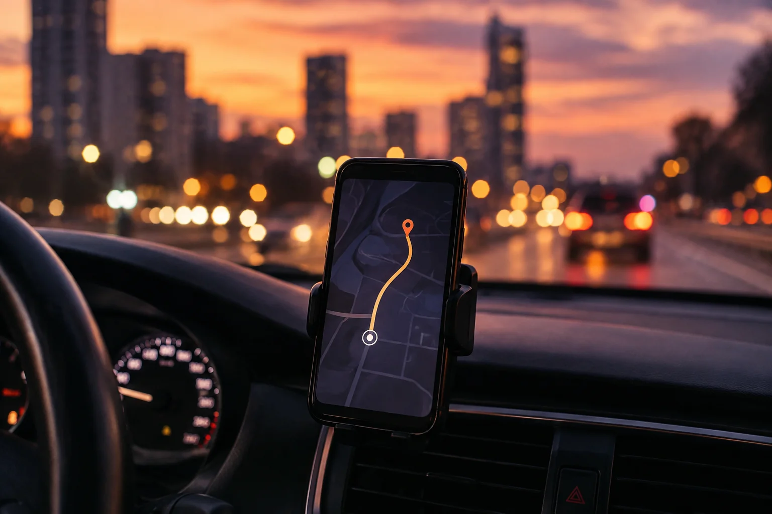 A navigation route on a phone mounted in a car at dusk