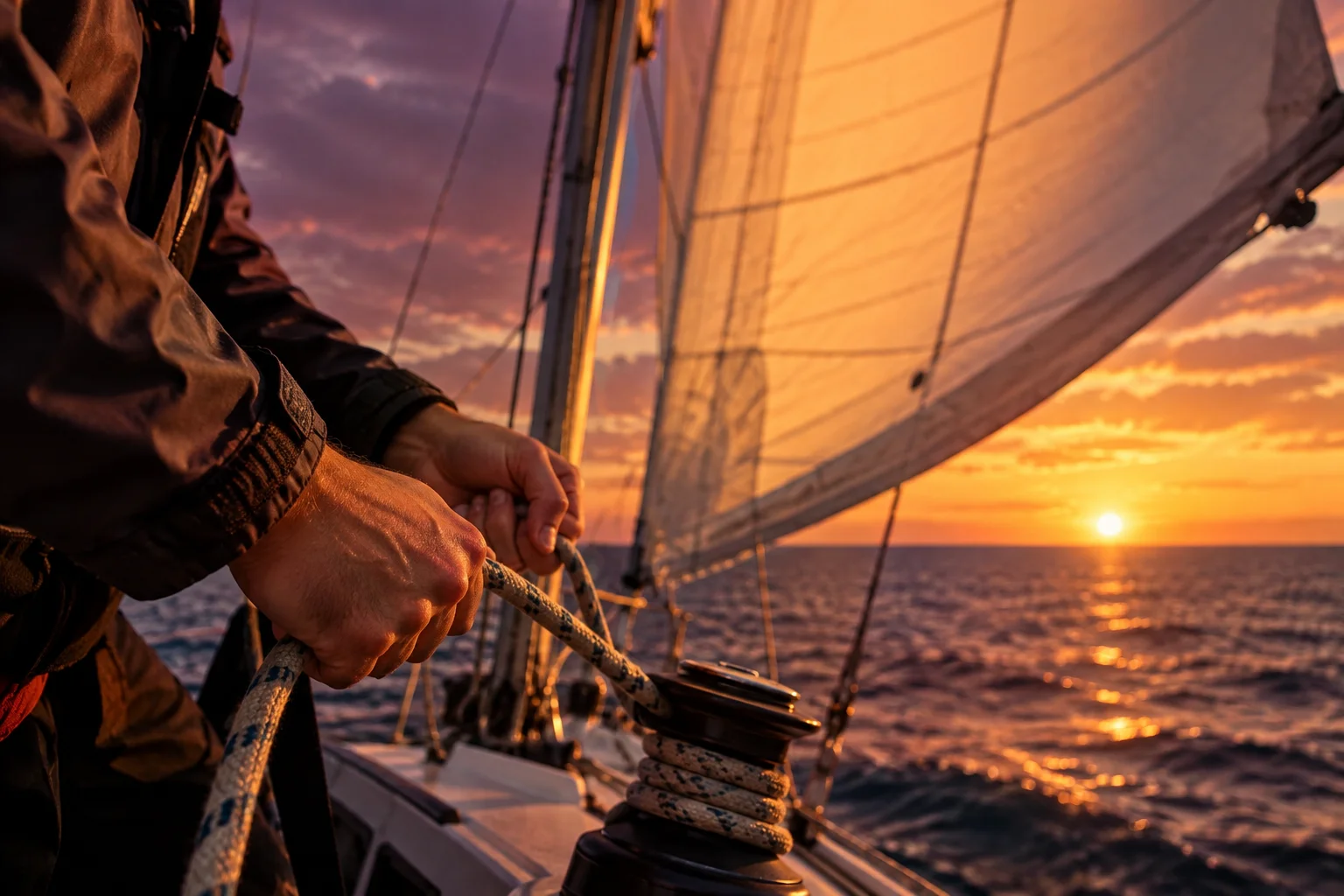 A sailor adjusting a full sail at sunset