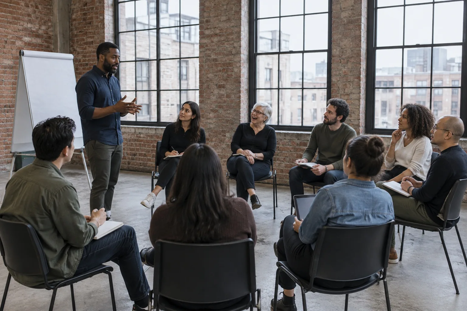 A facilitator speaks to a workshop group seated in a semicircle in a brick loft