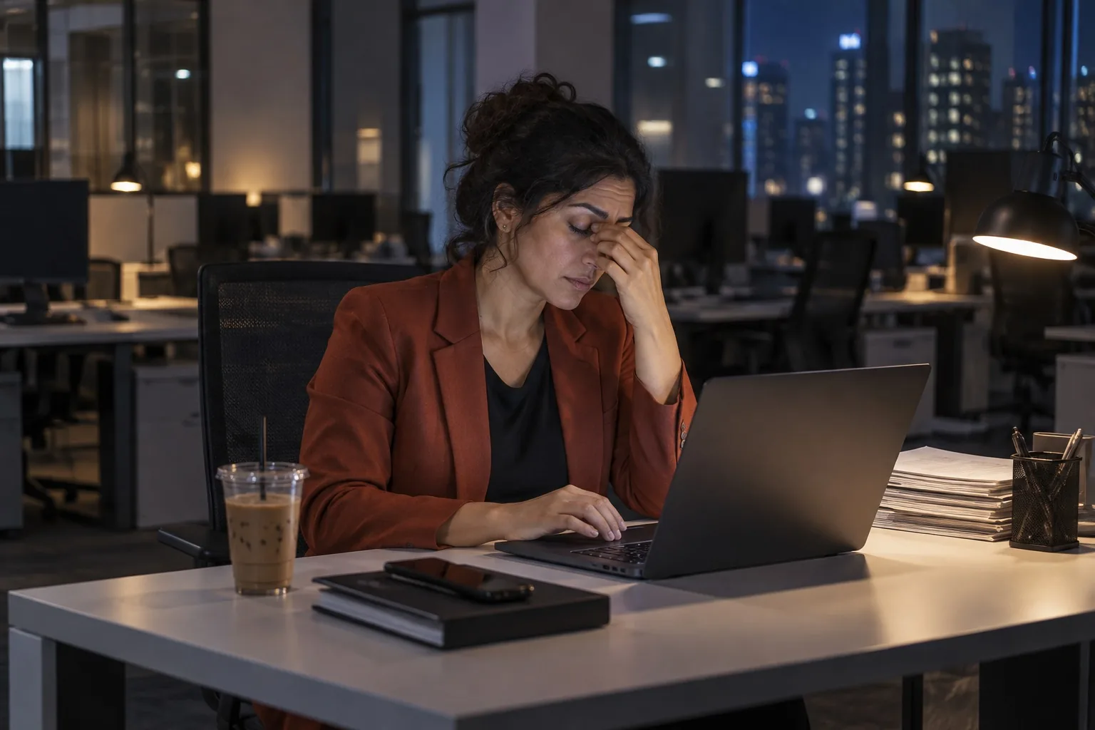 A woman at her desk in an empty office late at night presses a hand to her eyes while she keeps typing