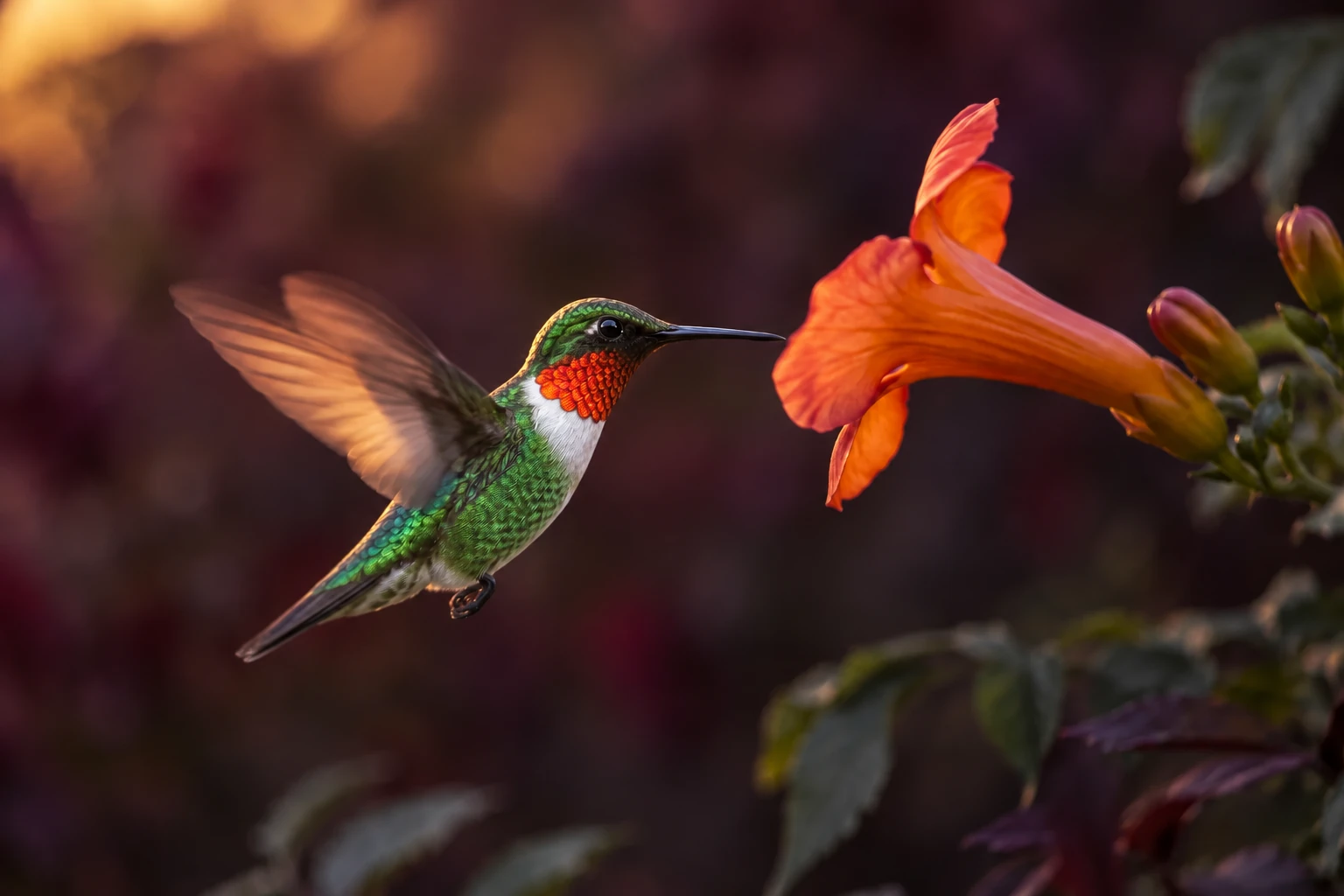 A ruby-throated hummingbird with an emerald green body and fiery orange-red throat hovering beside an orange trumpet flower