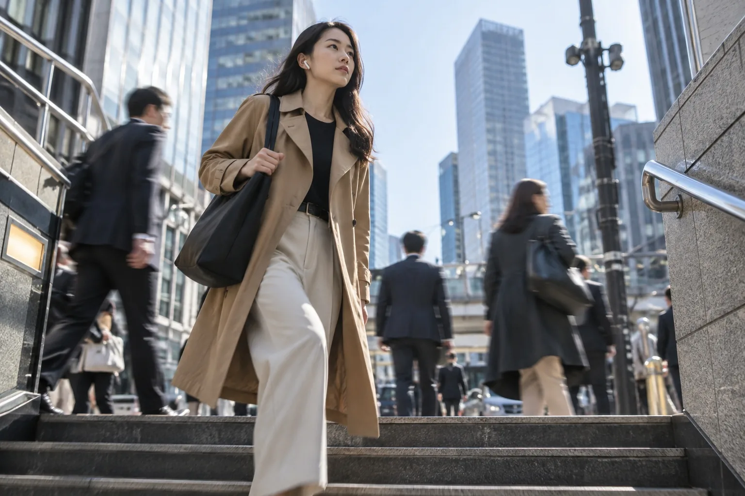 A woman climbs the stairs out of a subway station onto a busy city street