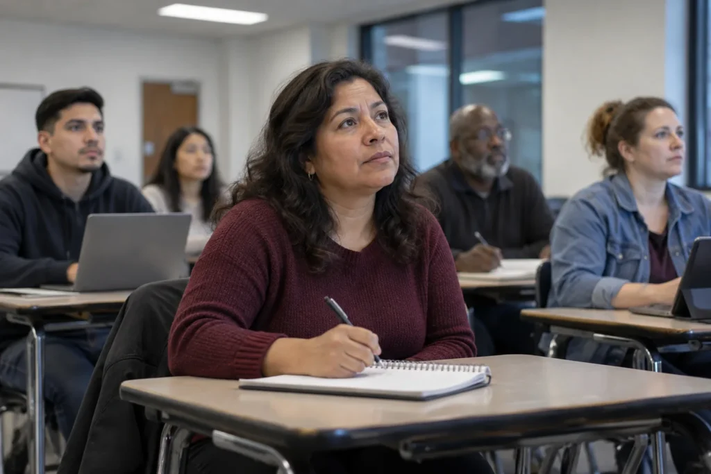 A woman takes notes at her desk in an evening adult-education class