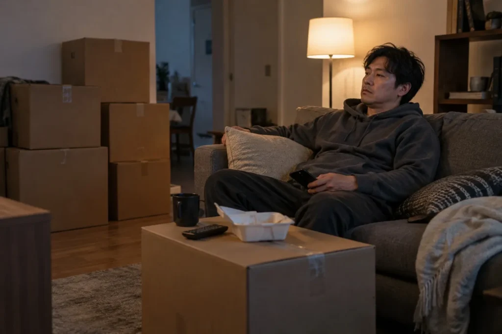 A man sits on his couch in an apartment still full of packed moving boxes months after the move, one box serving as a coffee table