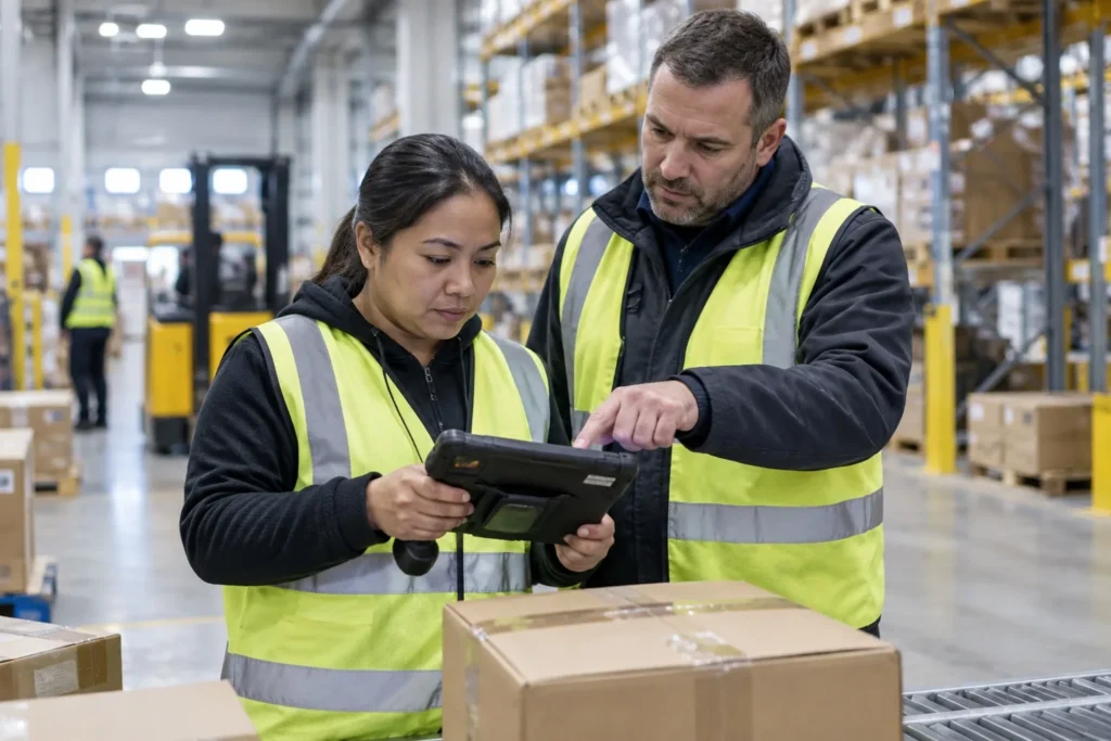 A warehouse worker learns a new handheld scanner as her supervisor points to the screen