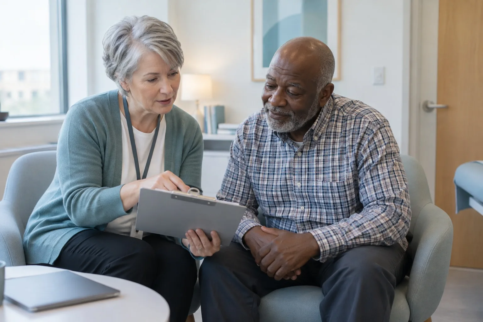 A counsellor and a client review a printed plan together in a bright consultation room
